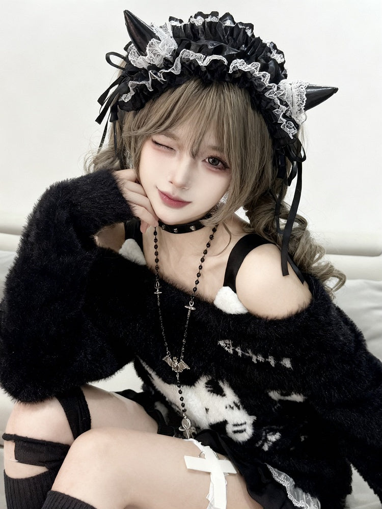 Faux with Gray/Black Cat Off-Shoulder Motif Sweater Fur