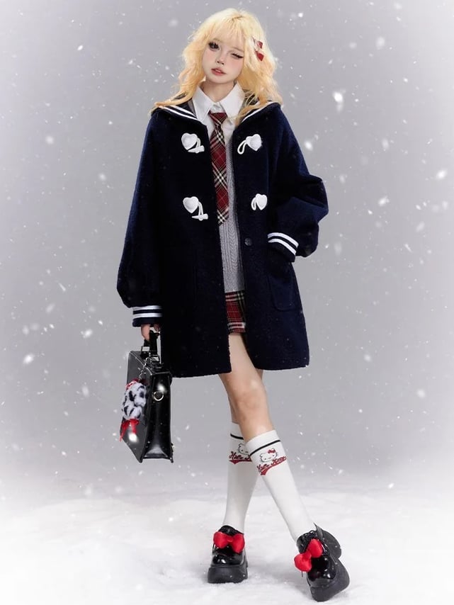 Marineblauer Mantel im Preppy-Stil mit Matrosenkragen