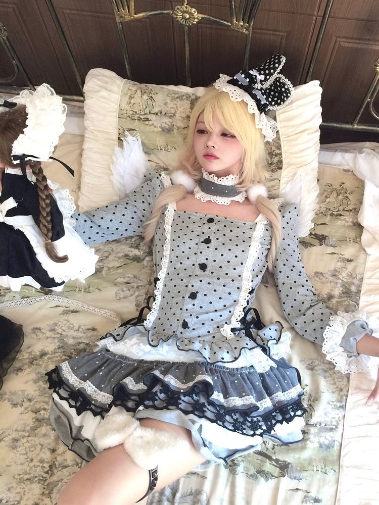 Dress Lace-Up Tiered Details Lace - Choker Polka-dot Skirt Grey Trim with Side