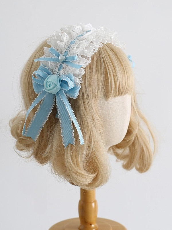 Trim Floral Details Design Bowknot Sweet WhiteBlue Lolita KC Lace