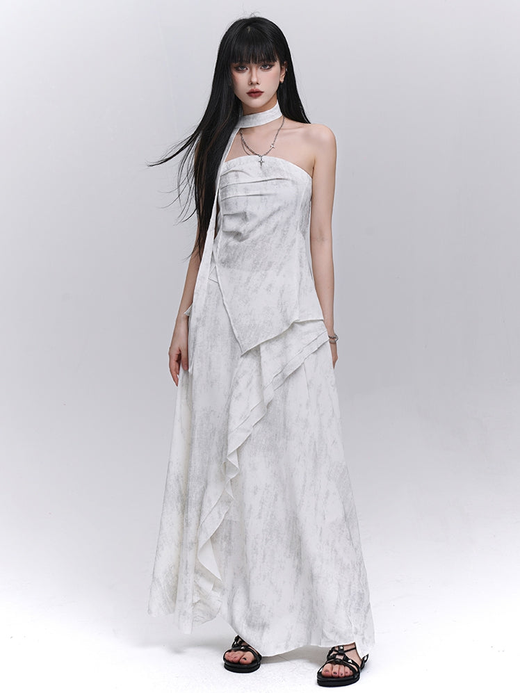 Off-white Side Strapless Top / Elastic Waist Scarf Slit with