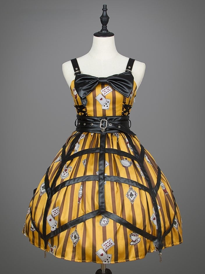 Gestreiftes gelbes Kleid mit braunen Lolita-Kartendrucken und Punk