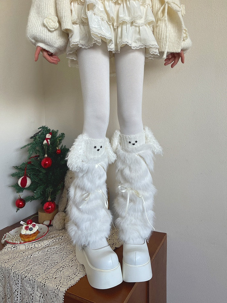 Leg Fur Bow Satin White Faux Accents Warmers with