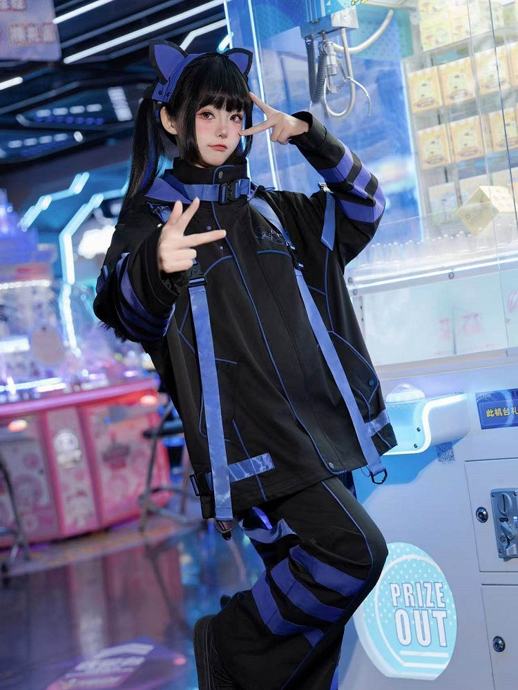 Jacket Ear Blue-Purple Cyber Futuristic Kitty Fashion Techwear Hooded Windbreaker