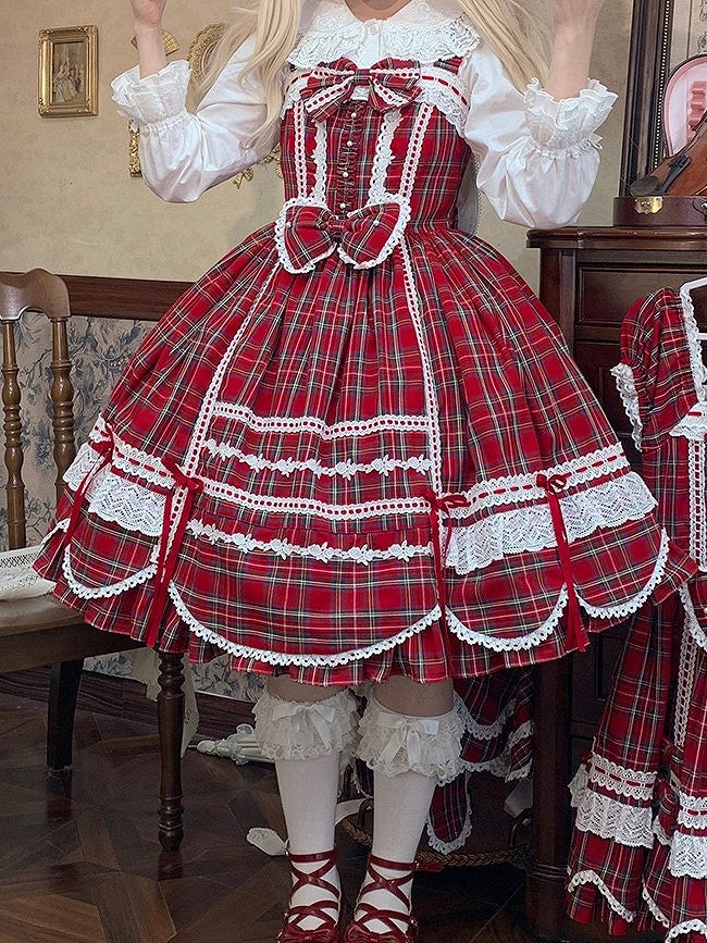 mit Akzenten Rock gewellter Pullover süß kariert Lolita Schleife Rand roter Besatz