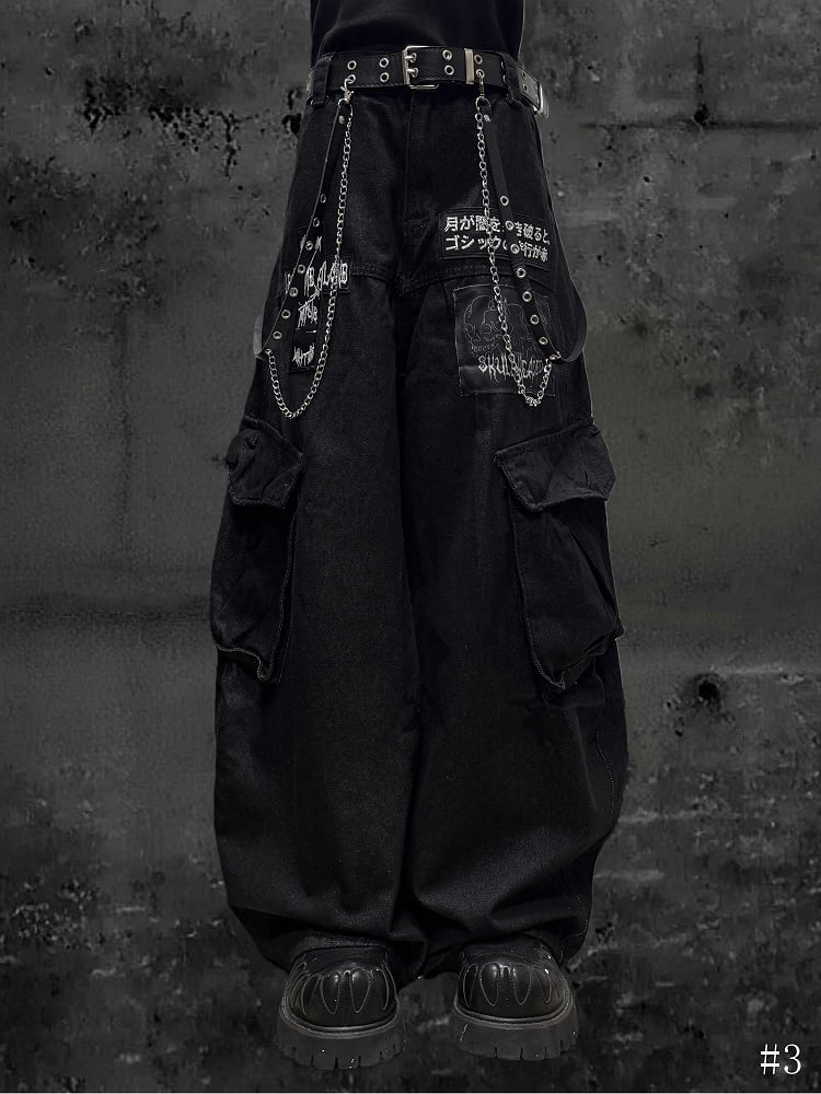 Punk Cargo Skeleton Wasteland Jeans Embroidery and Text with Wide-Leg Black Applique