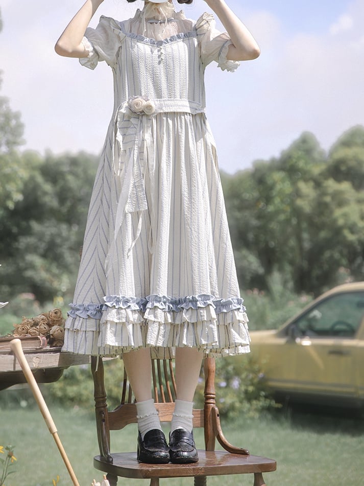 Waistbelt Flutter with Blue Striped Beige Sleeves and Dress