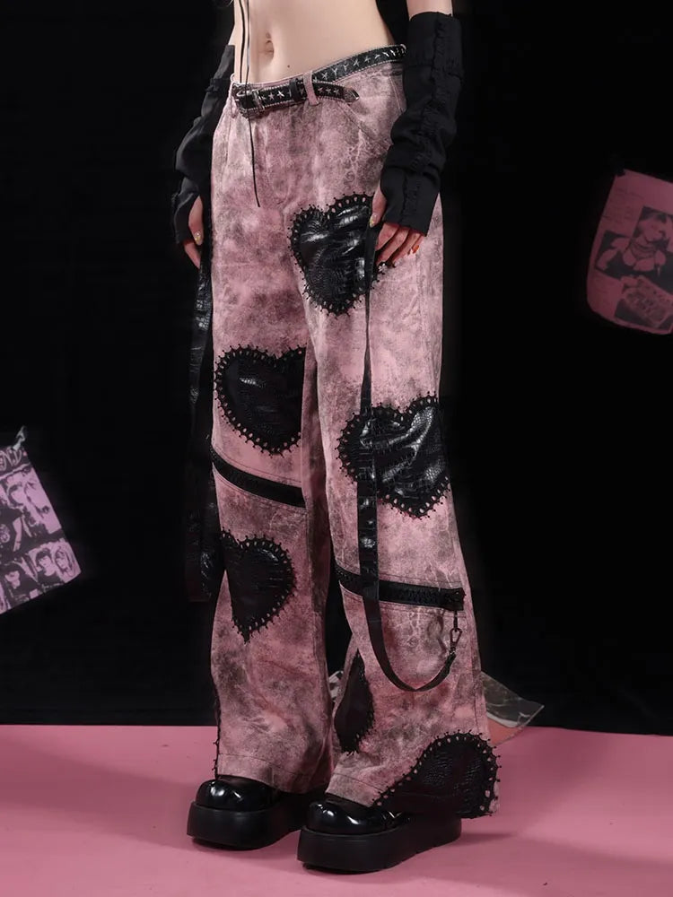 アップリケハートゴシックレッグピンクワイドジーンズブラックジップパンク