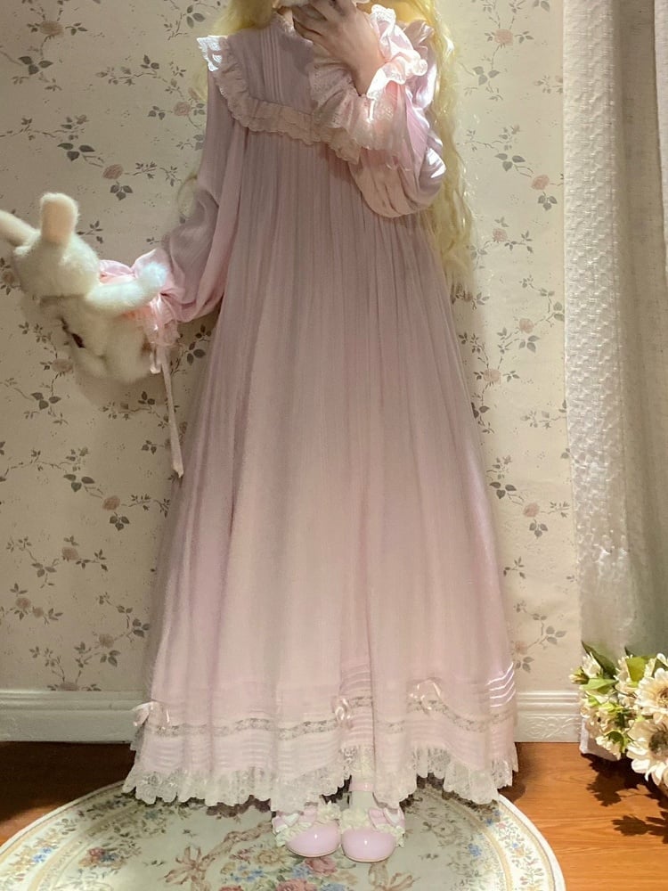 Lace Trim Long Sleeve OP Dress with Ruffles, Pink Lolita Style - Hua Xia Miao