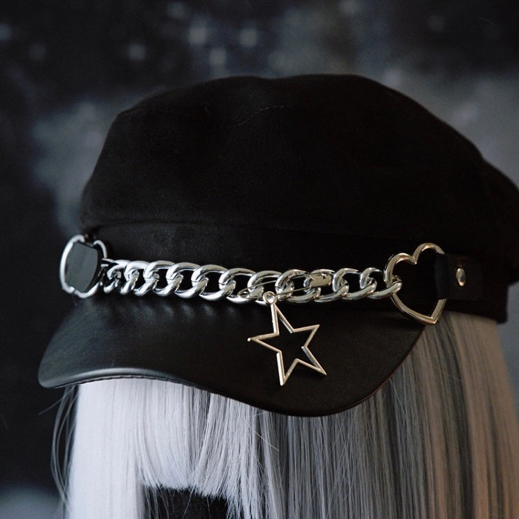 With Heart Design Charm Chain Hat Gothic Black Star Buckle Beret