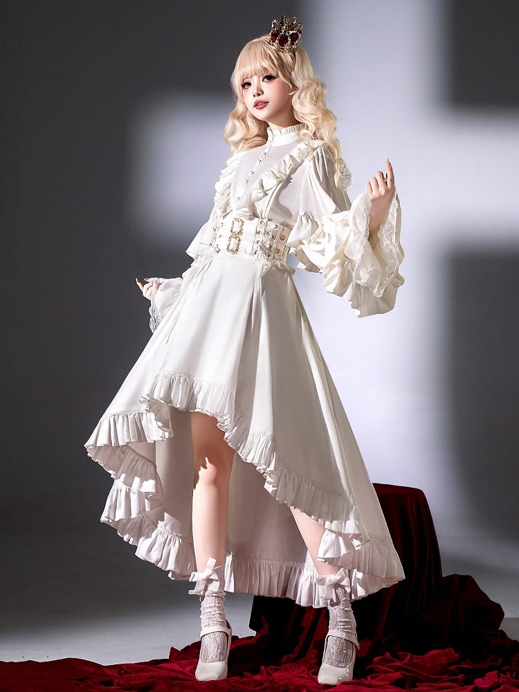 White High Waist Gothic Lolita Cascading Ruffle High-low Skirt