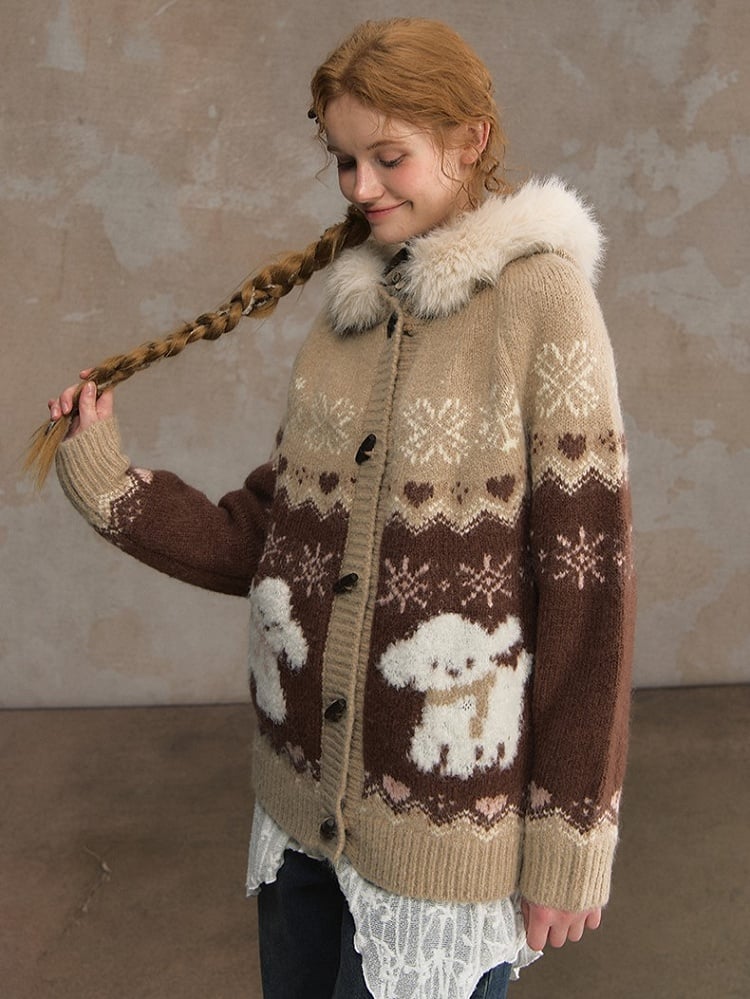 Collar Detachable Mohair Cozy Pink/Brown Fur Hooded Cardigan with Knit