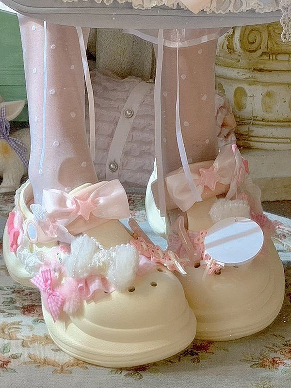 Lolita Sweet Bow with Platform Crocs-style Clogs Ruffle - Decor Version Beige Trim Regular/Thicken