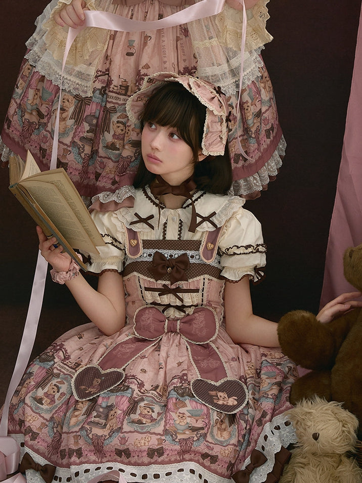 Pink Lolita Scalloped Edge Printed Hairband with Brown Bows - Stars Fall on the Foggy Island