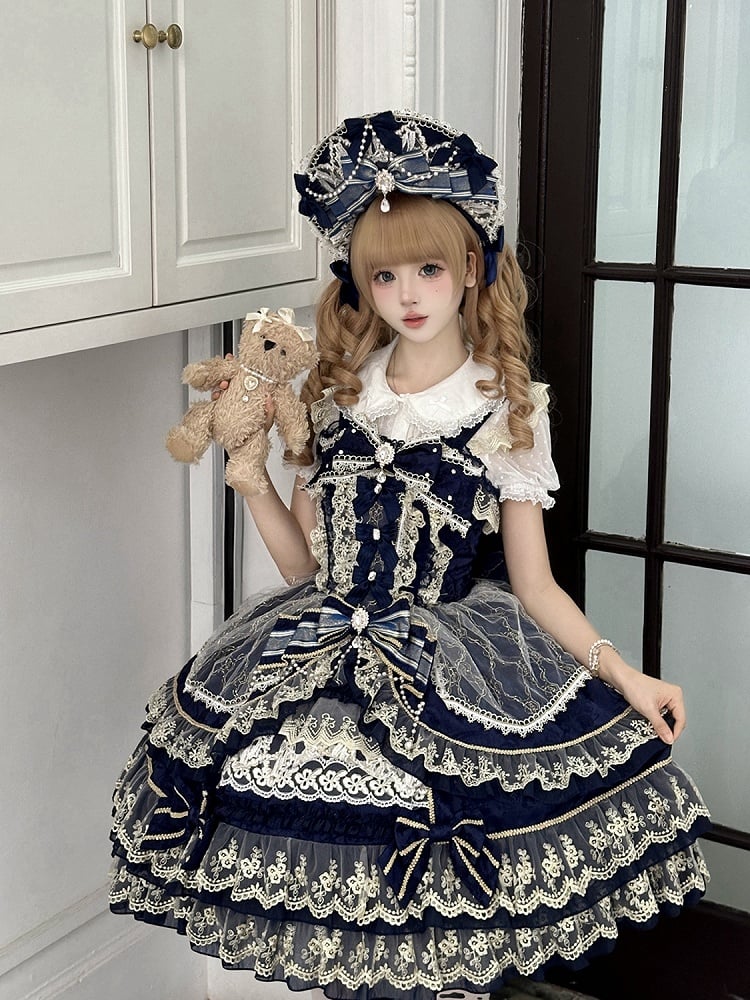 Neckline Chain Gorgeous Lolita Bow Dark Bead Princess Dress Blue