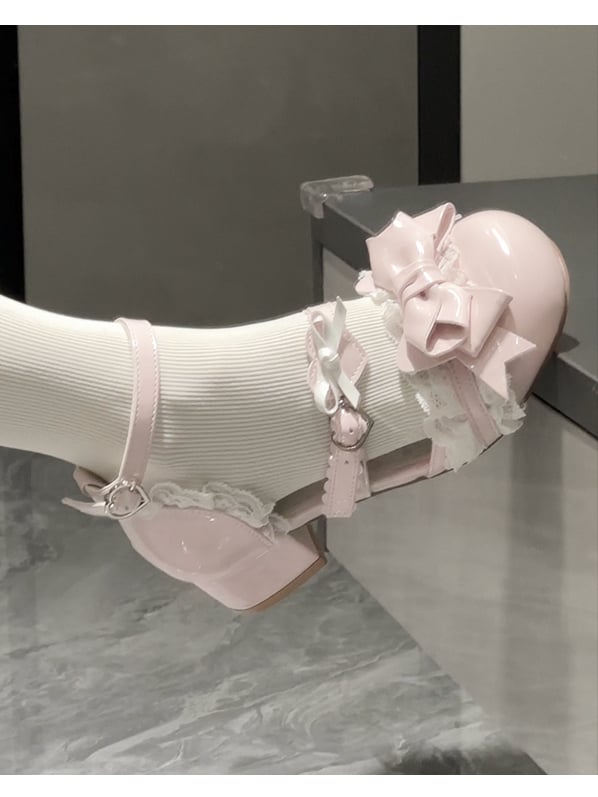 Trim Bow Round Lolita - Low Top at Toe Heels Pink Light Shoes Sweet Lace