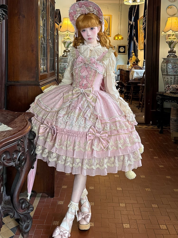 Chain Bow Gorgeous Princess Pink Neckline Flower Dress Lolita Bead