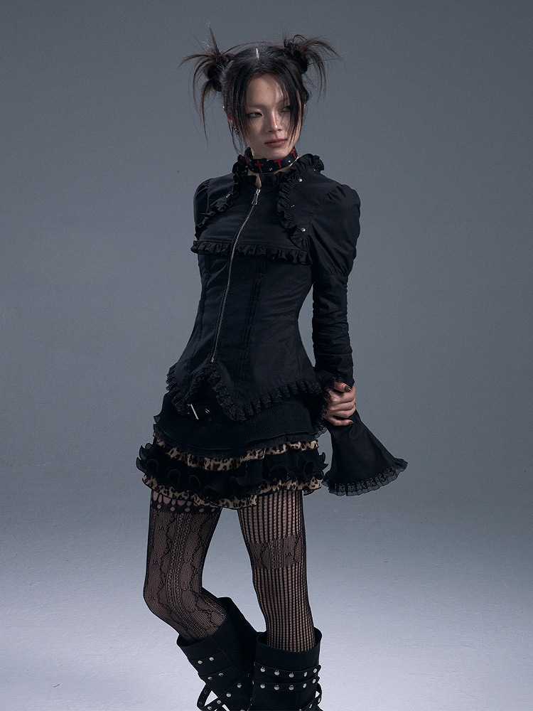 Schwarzes Gothic-Vintage-Top mit Spitzenbesatz und Reißverschluss