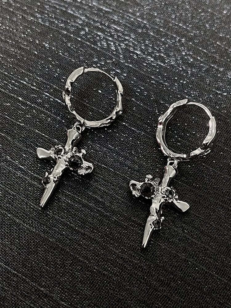 Silver Gothic Cross Dangle Earrings with Rhinestones - Insomnia Artist
