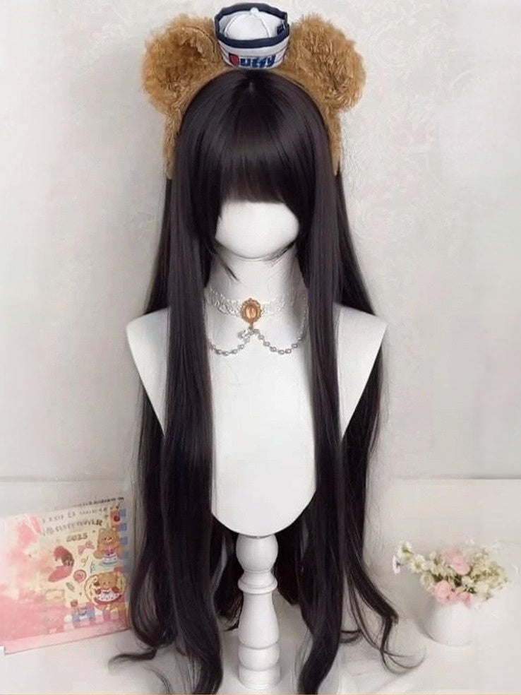 Black Tea 85cm Wavy Curly Wig with Full Bangs - Meow Island Wig