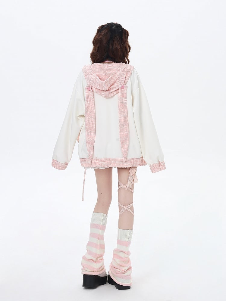 Apricot & Pink Heart-shaped Buttons Hoodie with Detachable Bunny Ear Design
