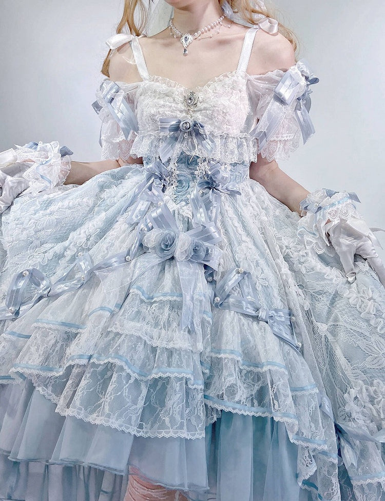 Blue Corset Lolita Waist High-low Dress Layered Hanayome Skirt Hime OP