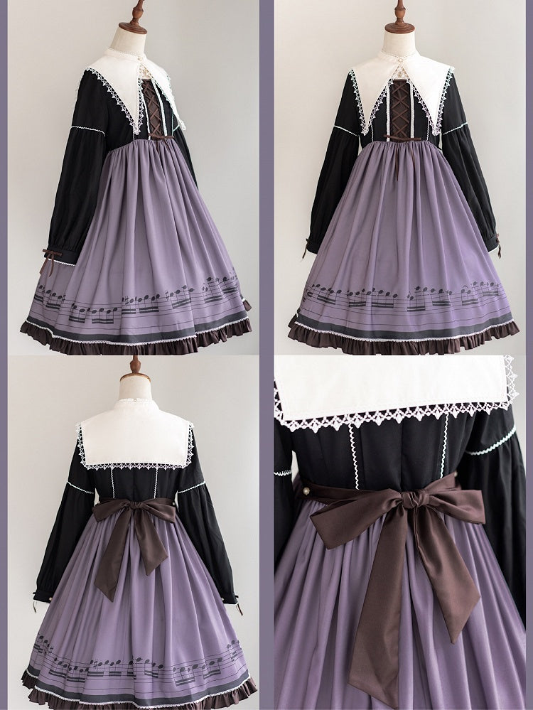 Musical Note Purple Autumn Lolita Long Sleeves Dress with Separate Pointed Collar