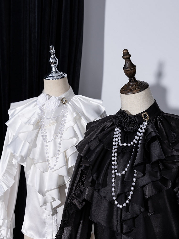 Black Layered Ruffled Jabot with Detachable Roses and Bead Chain - DevilInspired Exclusive Collection