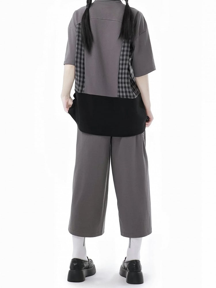 Reißverschluss Grau Plaid Patchwork Kordelzug Taille Hose Detail