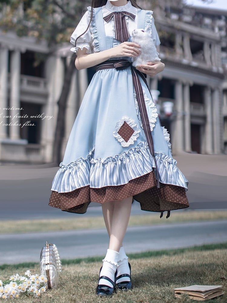 Puff Sleeves Blouse with White Pleating Details Neckline Ruffle