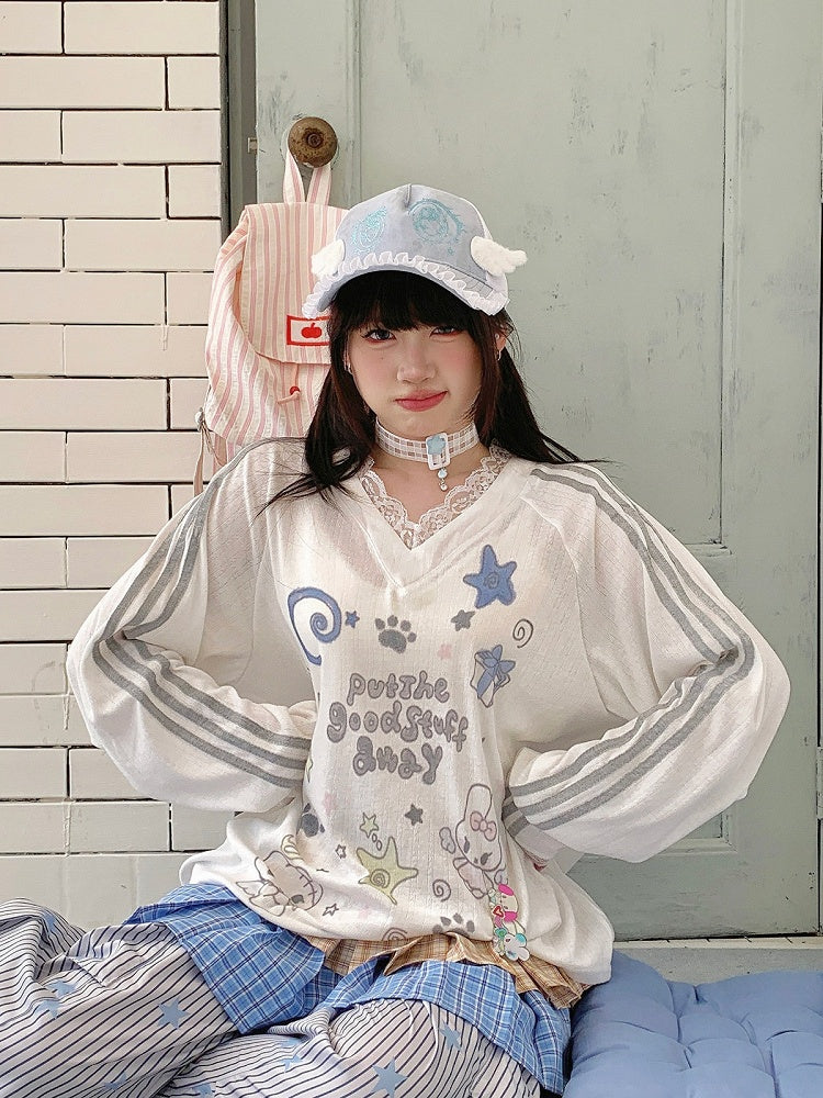 White/Blue Sheer Lace V-Neck Long Sleeve Top with Cartoon Print - Solkatt