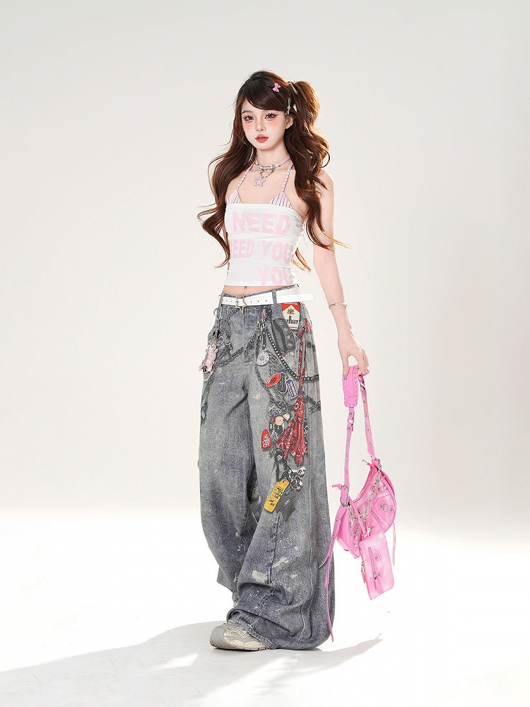 Blaue Jeans mit weitem Bein und niedrigem Aufdruck, Taillen-Sprühfarbenketten