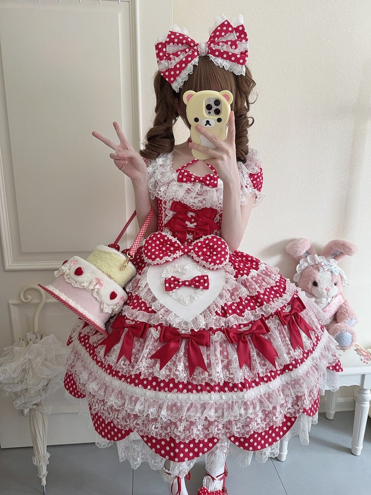 Ärmel Schule Punkte Kleid Muster Rot Lolita Alte Schleife Polka Kurze Akzente