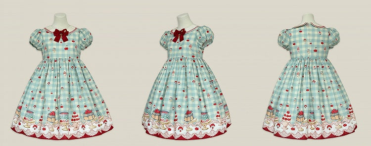 ミントグリーンのハイウエストチェリー&デザートプリントのスイートロリータギンガムドレス