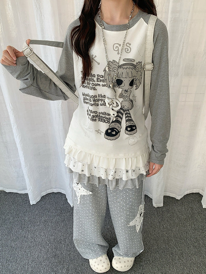 White Raglan Sleeve Cartoon with Top Hem Print Girl Flounce