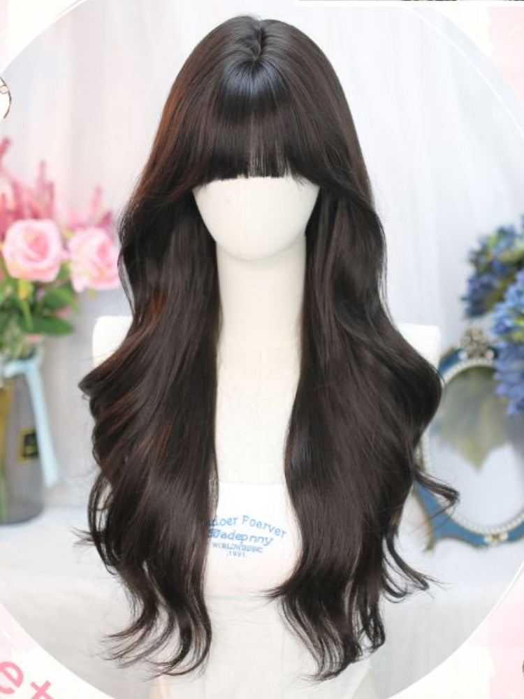Black Tea Under Bust Length Wavy Wig with Full Bangs