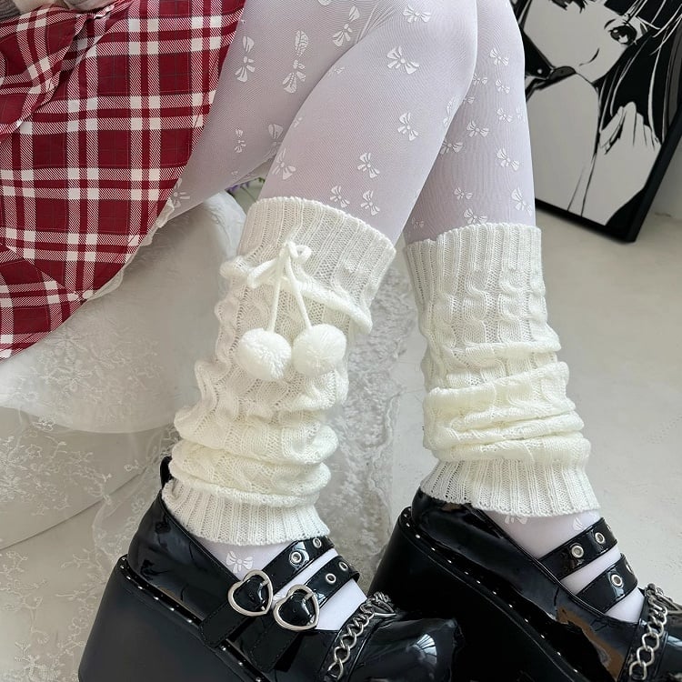 Sweet Lolita White Pompons Knitted Leg Warmers