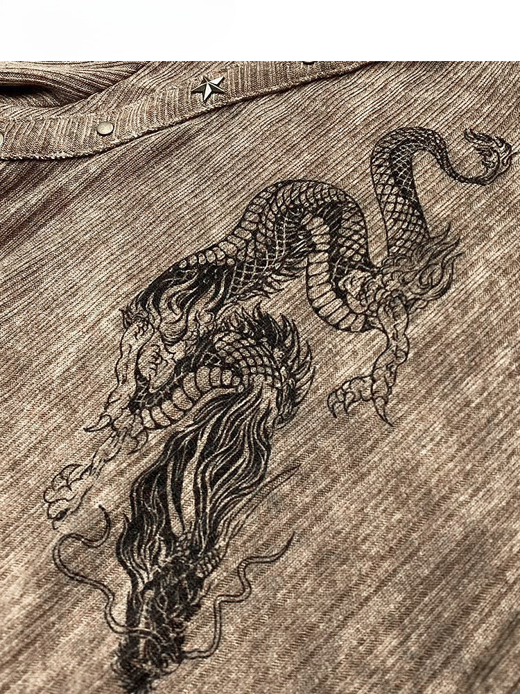 Khakifarbenes, hochgeschlossenes Oberteil mit Drachen-Print