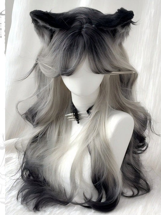 Black White Ombre Long Wavy Curly Wig with Air Bangs - Sleepy Fish