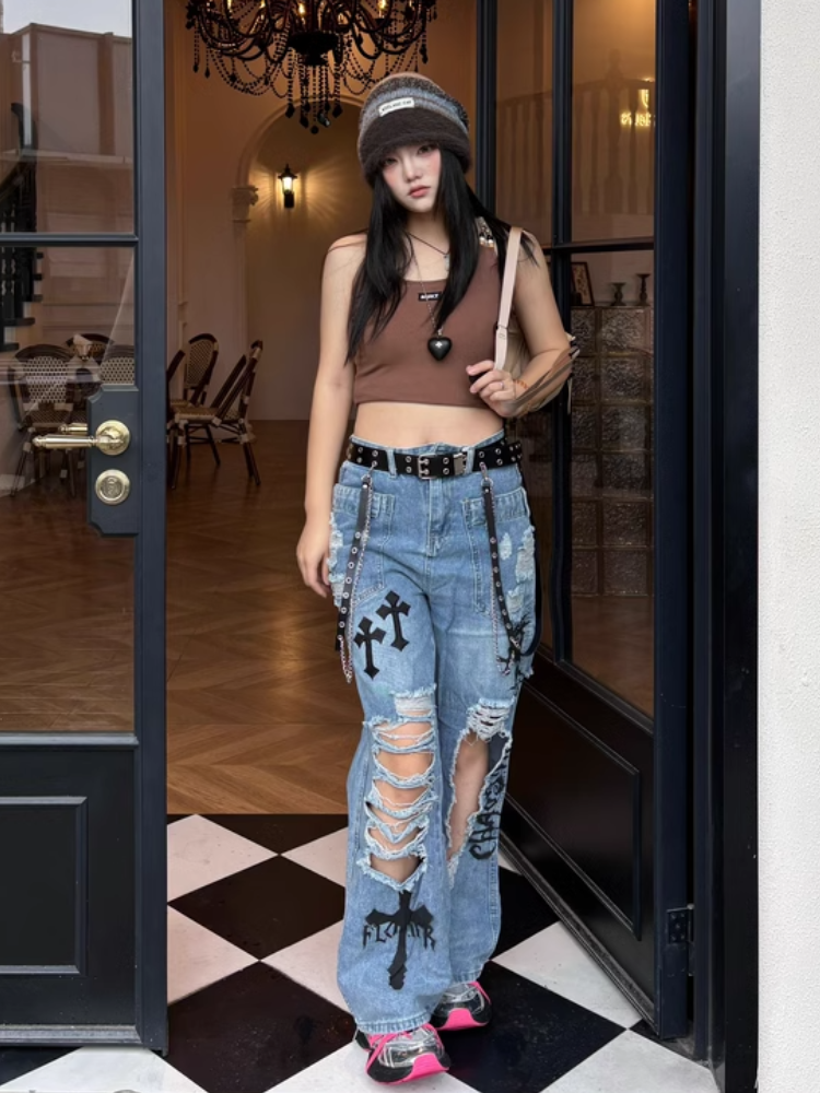 Jeans Wash Glamorous Flared Faded Blue Distressed Holes Cross Appliques