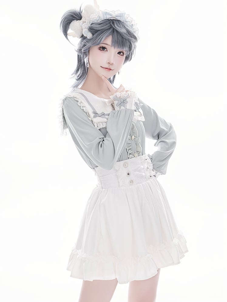 Blouse Blue Jirai Kei and Buttons Long Lace Heart Collar Square Light with Sleeve Inspired Beaded