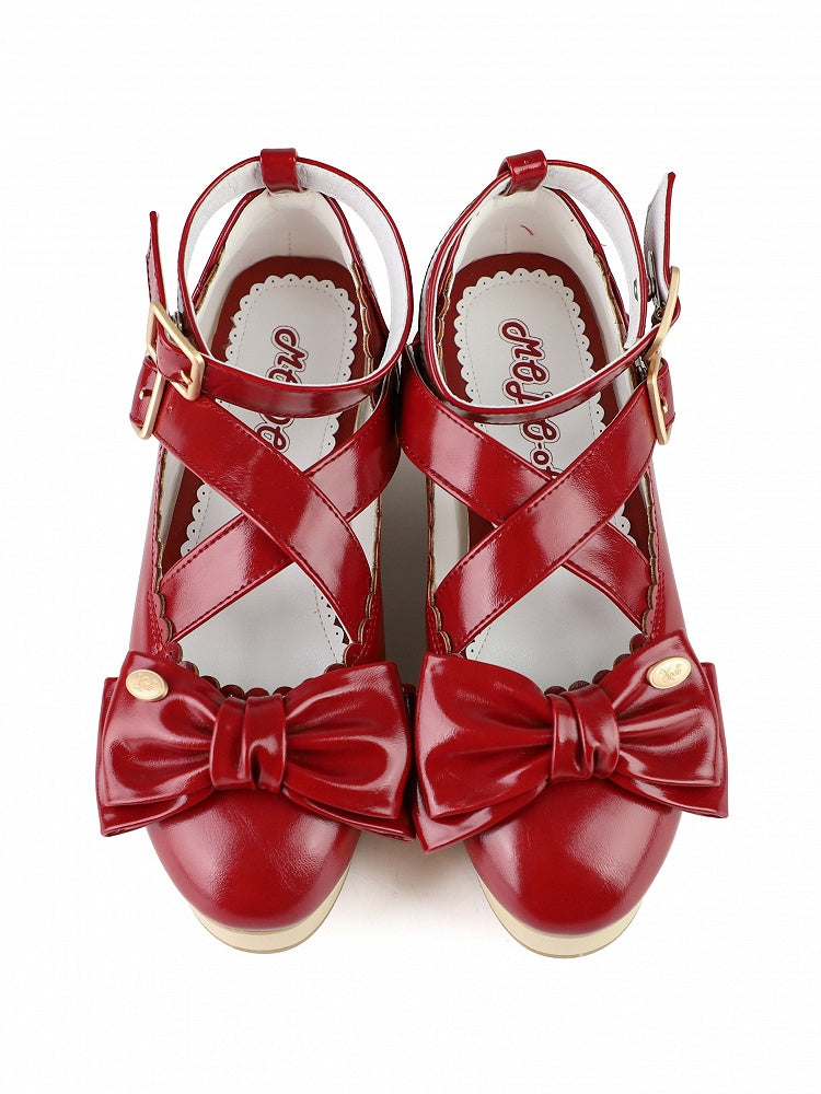 Grain PU Wood Mary at - Red with Janes Top Sole Bow Crisscross Sweet Straps Platform Lolita
