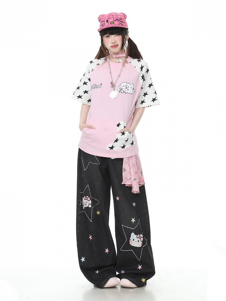 Pink Star Print Short Sleeve Tee with Cat Embroidery - Languid Park