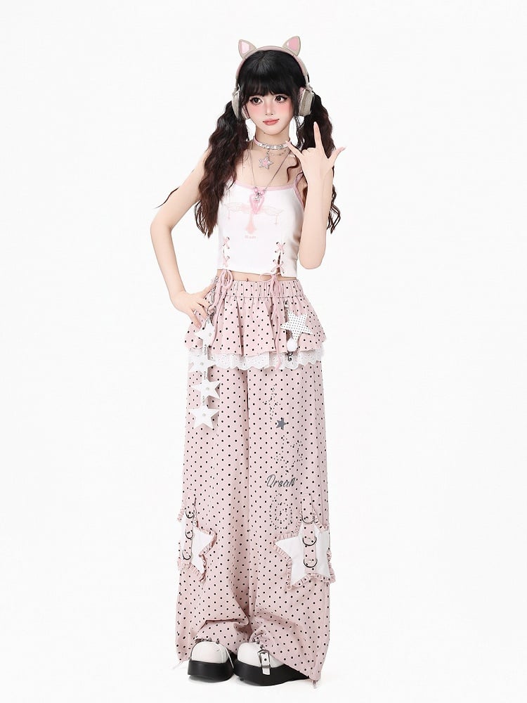 Sweet Cool Style Pink Polka Dot Straight Leg Pants with Skirt Overlay & Star Patches - CRAZY GIRL