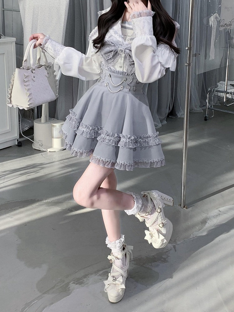 Sailor Collar Blouse with Bow Tie in Blue - Ekomi