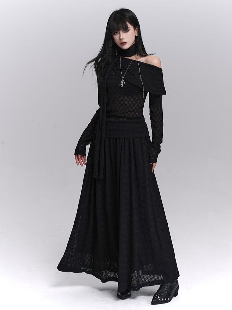 Skirt Waistband Lined Black Gothic Ankle-Length Elastic with