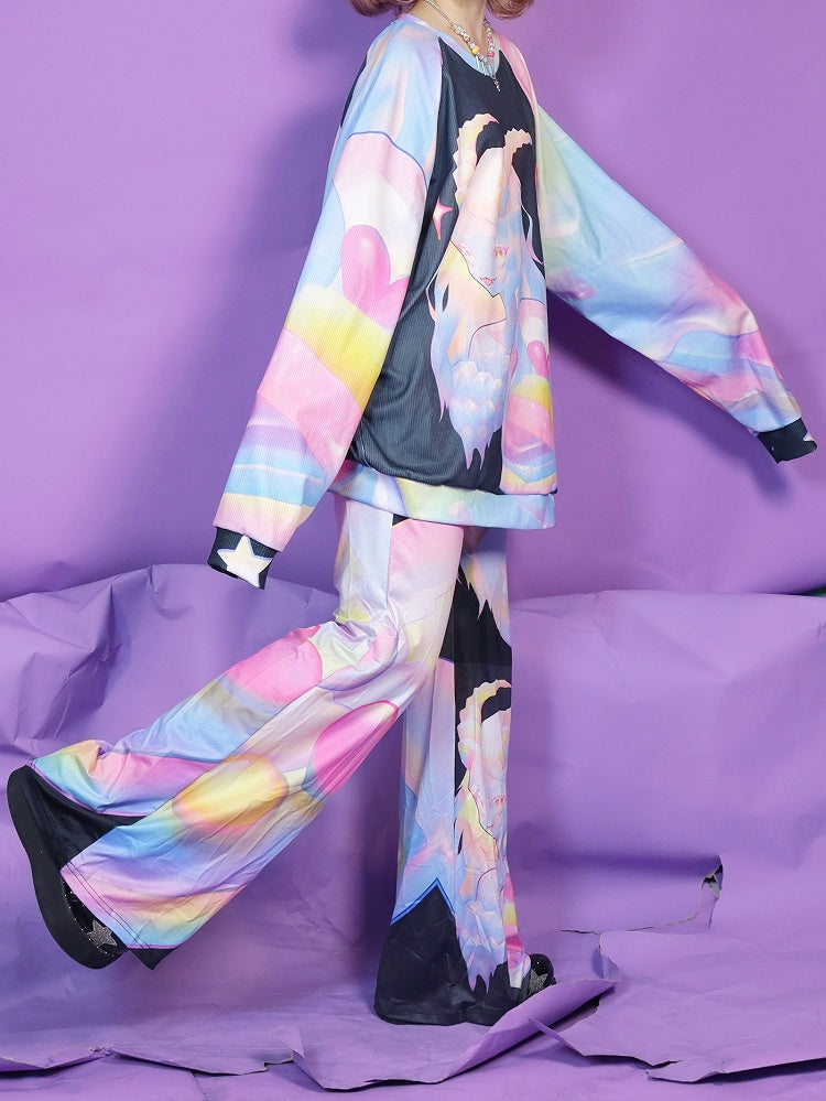 Gyaru Sweatshirt Bunte Cartoon Muster Mode