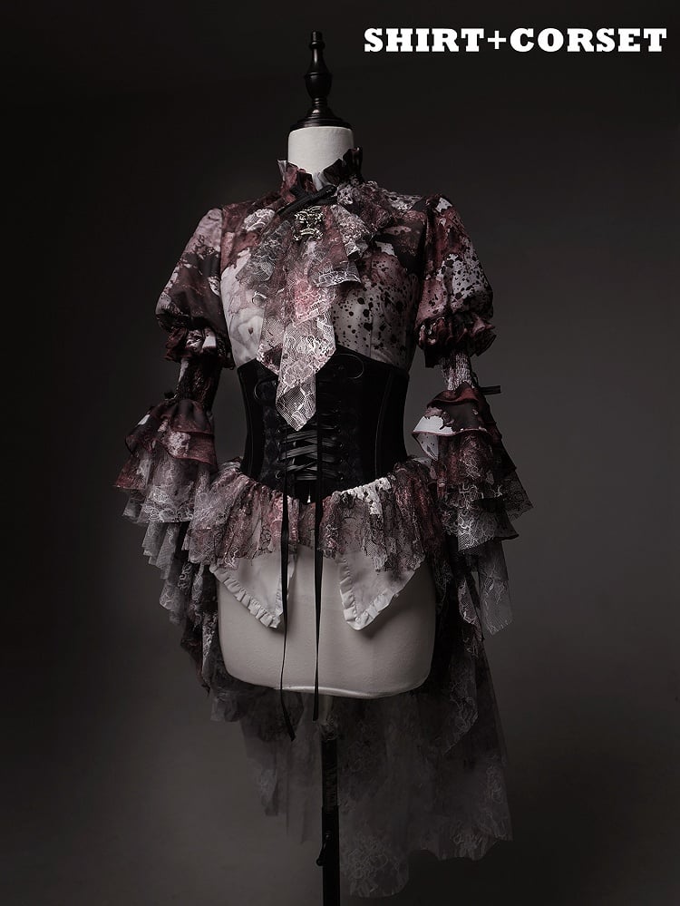 Print Black Red Bloodstain Gothic Lace Lolita Corset Boned with Train Belt