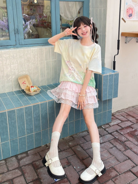 T-Shirt Light Green Round Neck Graffiti Lamb Print Loose