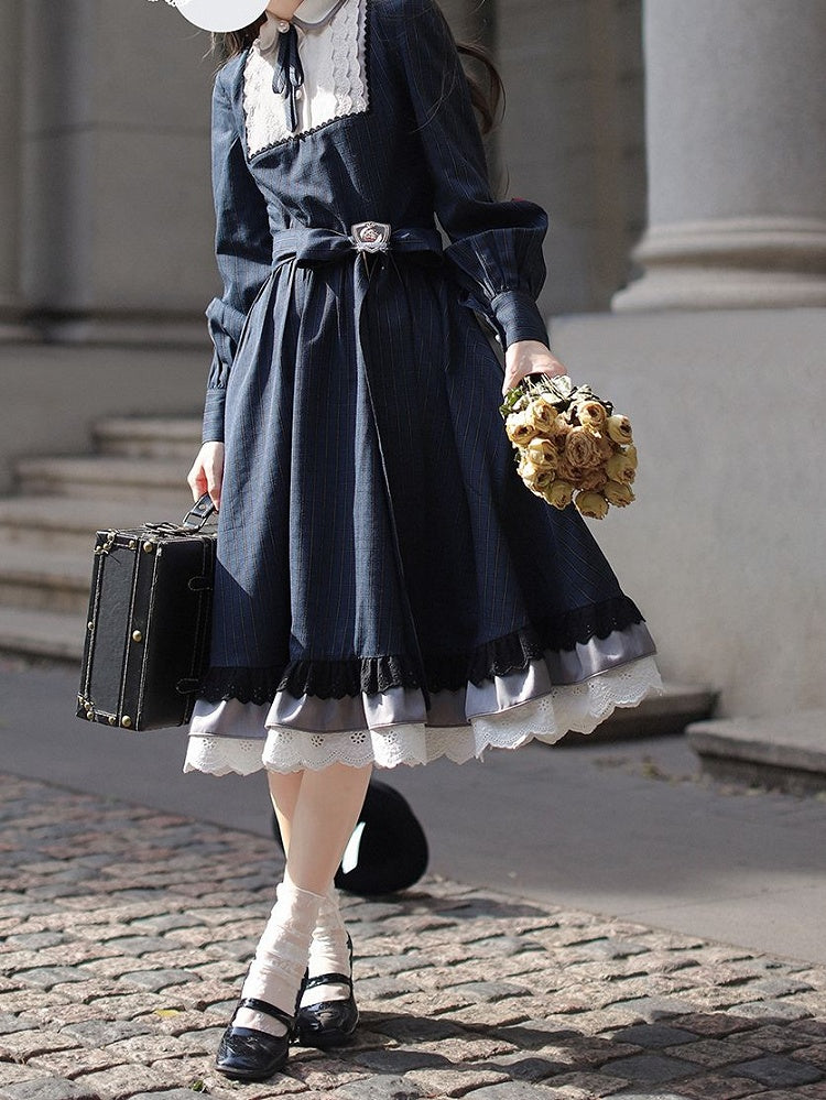 Ärmel Ein Blaues Klassisches Plaid mit Elegantem Lolita Long in Piece Taillengürtel Navy